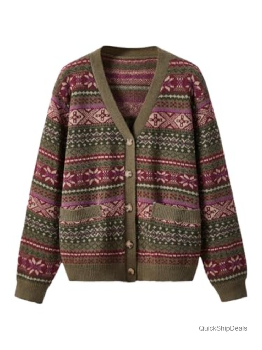 Boho Paisley Knit Cardigan Button Down V-Neck Long Sleeve Sweater